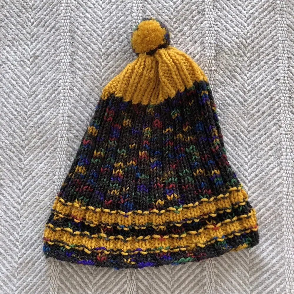 Chunky Knit Beanie Yellow & Dark Grey Color Flecked with Pompom Topper
